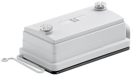 Prostokątna, szara wtyczka elektroniczna z dwoma śrubami mocującymi i uchem po stronie do zamocowania.