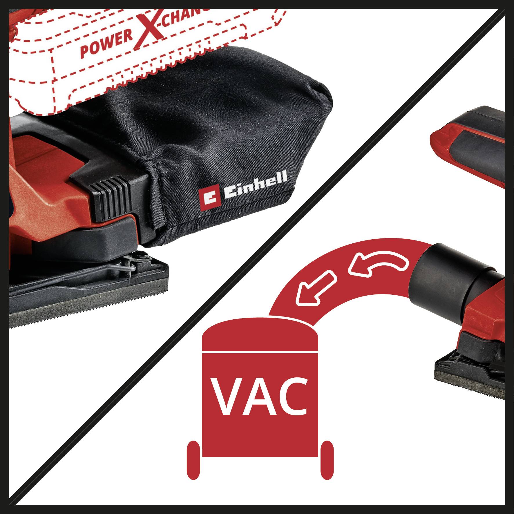 Narzędzie wielofunkcyjne 'Einhell' z napisem 'VAC': wskazuje na funkcję odsysania pyłu i kompatybilny system akumulatorów.