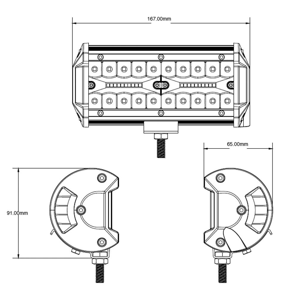 Rysunek techniczny prostokątnej lampy LED z wymiarami: długość 167,00 mm, szerokość 65,00 mm, wysokość 91,00 mm, widok z przodu i z boku.