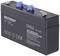 Czarny akumulator Voltcraft model CP612 z niebieskimi złączami. Pojemność: 6V 1,2Ah. Napis: 'Akumulator regenerowany zaworowo'.