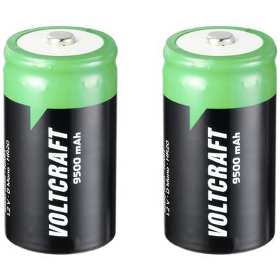 Dwie czarne baterie z zieloną górną częścią z napisem 'VOLTCRAFT 9500 mAh'.