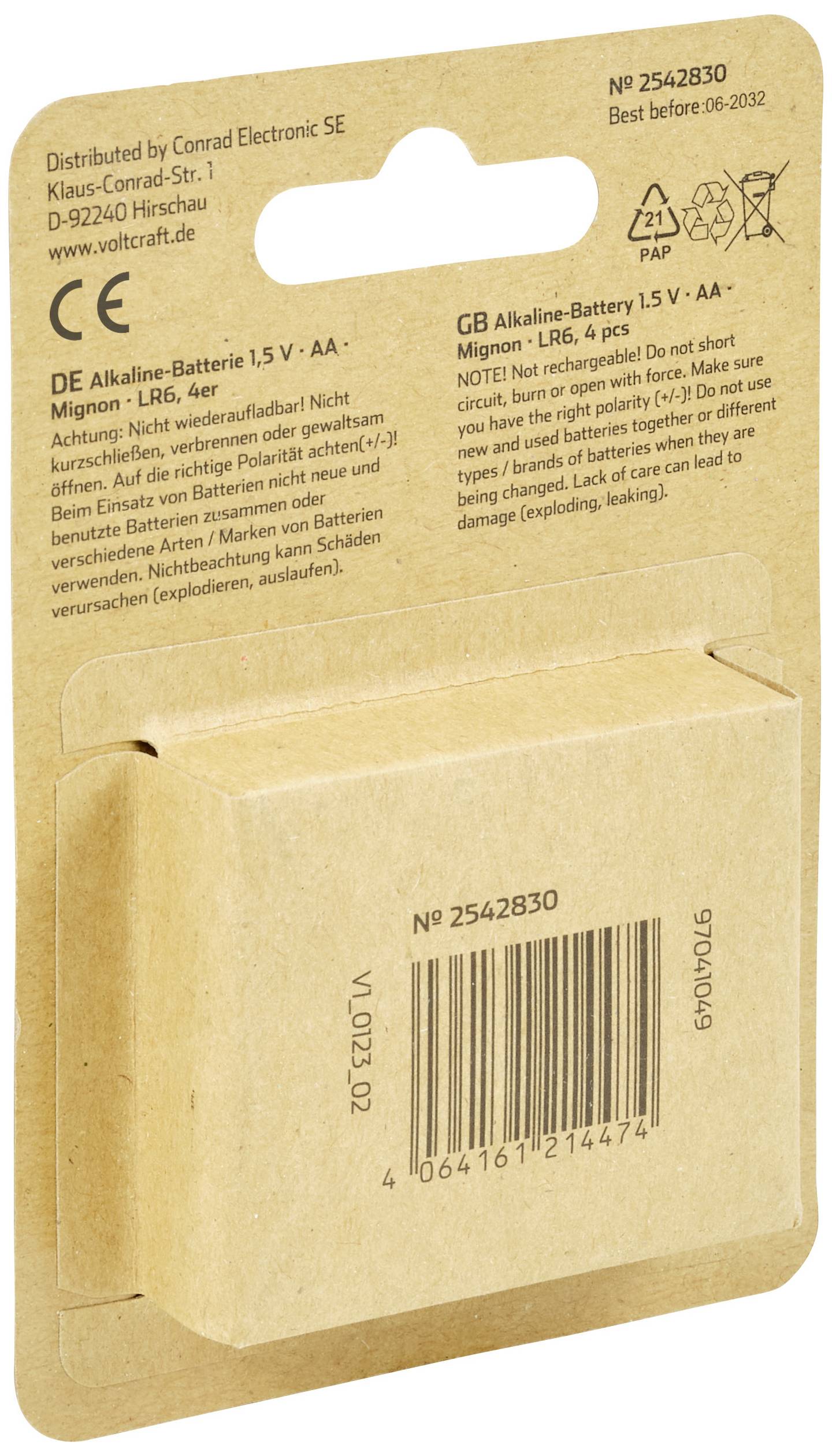 Opakowanie 4 baterii alkalicznych 1,5 V, typ AA. Zawiera wskazówki bezpieczeństwa i utylizacji w kilku językach.