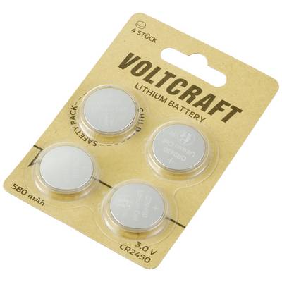 Cztery baterie litowe CR2450 firmy VOLTCRAFT w opakowaniu kartonowym, 3,0V, 580mAh, odpowiednie do urządzeń elektronicznych.