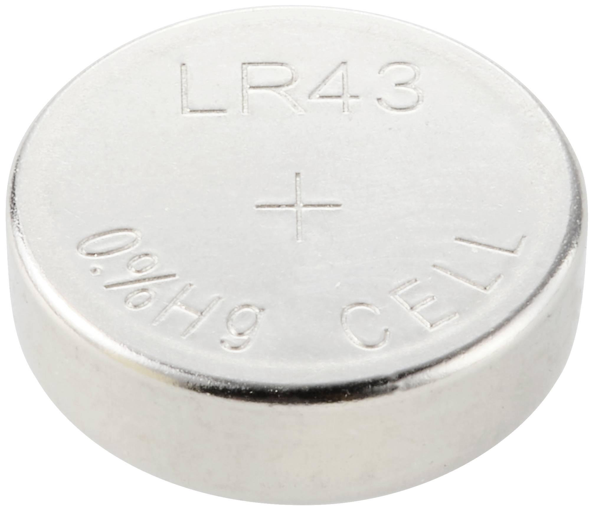 Srebrna bateria guzikowa z napisem 'LR43 0%Hg CELL'.
