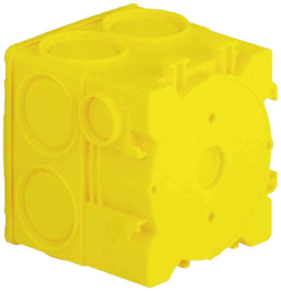 Żółty, sześcienny pojemnik z tworzywa sztucznego z okrągłymi zagłębieniami i gładką powierzchnią; często stosowany w instalacjach elektrycznych.