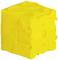 Żółty, sześcienny pojemnik z tworzywa sztucznego z okrągłymi zagłębieniami i gładką powierzchnią; często stosowany w instalacjach elektrycznych.