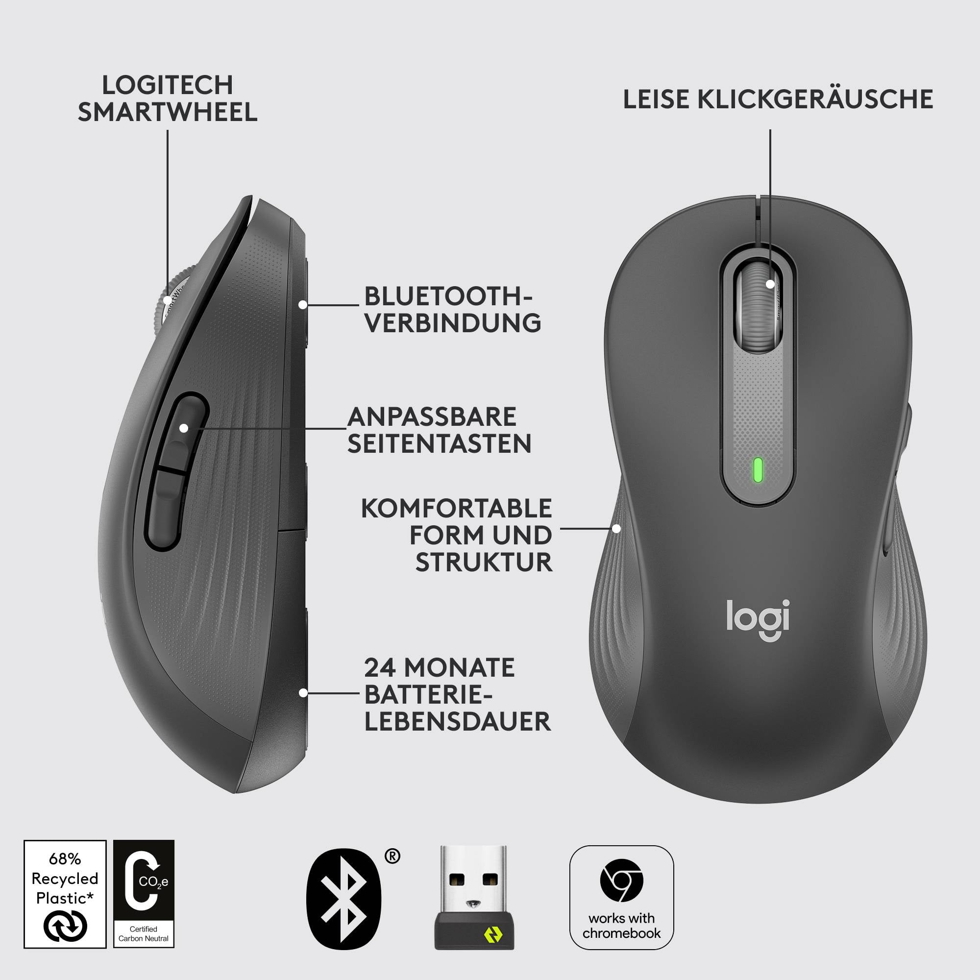 Czarna mysz Logitech z inteligentnym kółkiem przewijania, cichymi kliknięciami, konfigurowalnymi przyciskami bocznymi i łącznością Bluetooth. Żywotność baterii do 24 miesięcy.