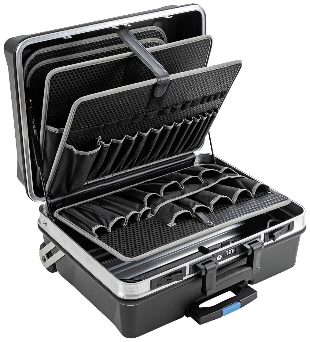 Czarny twardy kufer z otwartą pokrywą, wyposażony w liczne przegródki i kieszenie przeznaczone na narzędzia lub akcesoria.