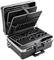 Czarny twardy kufer z otwartą pokrywą, wyposażony w liczne przegródki i kieszenie przeznaczone na narzędzia lub akcesoria.