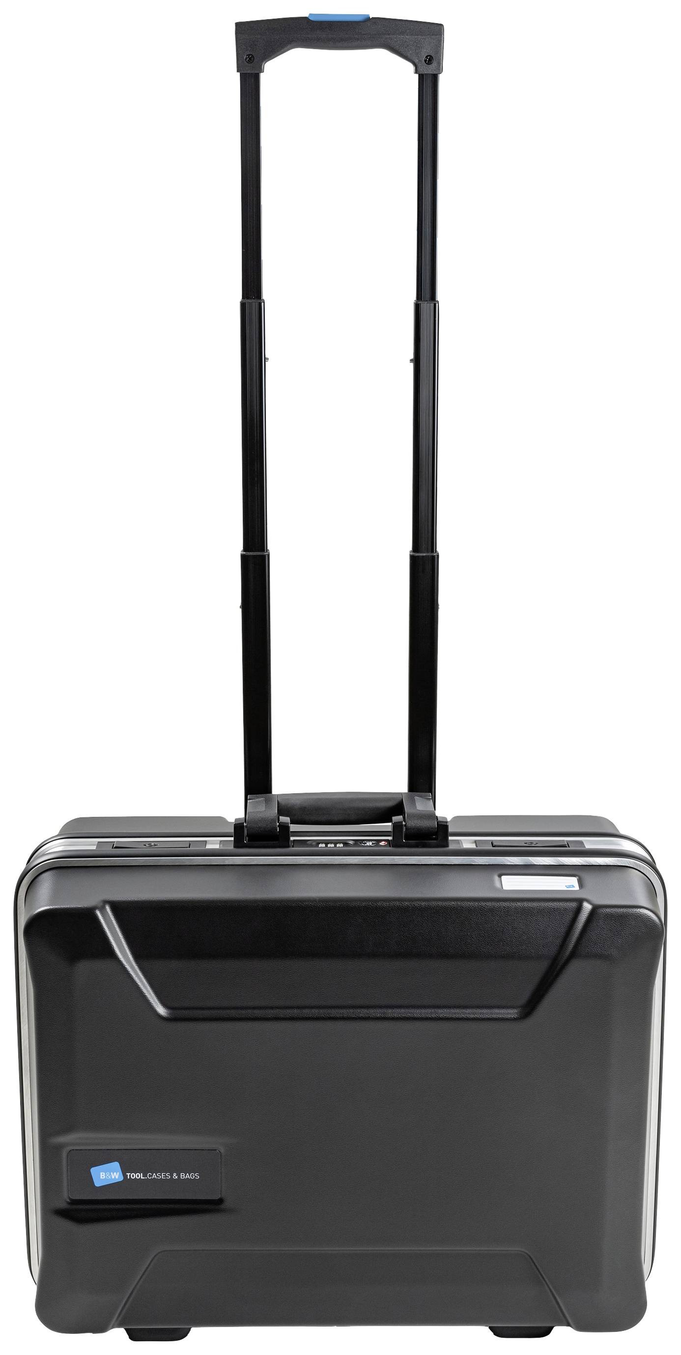 Czarny walizka na kółkach z wysuniętą rączką, odpowiednia do podróżowania.