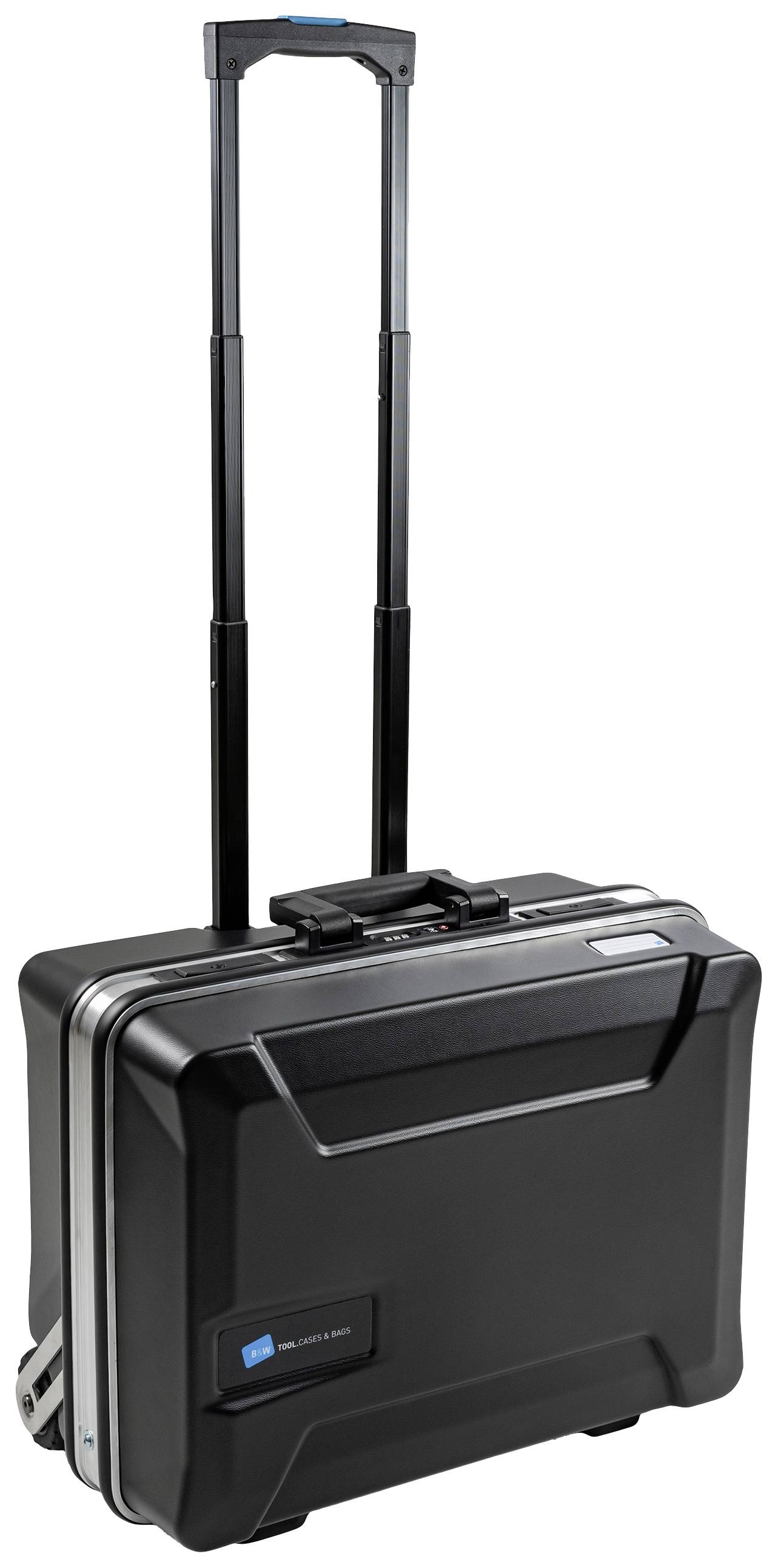 Czarny walizka na kółkach z wysuwaną rączką, poruszająca się na dwóch kółkach. Walizka wygląda na solidną i nadaje się do profesjonalnego użytku.