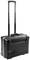 Czarny walizka na kółkach z wysuwaną rączką, poruszająca się na dwóch kółkach. Walizka wygląda na solidną i nadaje się do profesjonalnego użytku.