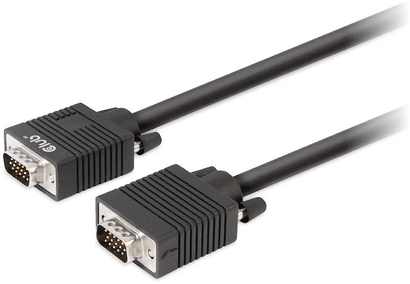 Dwa czarne kable VGA z wtyczkami i metalowymi złączami, odpowiednie do podłączenia komputerów z monitorami.