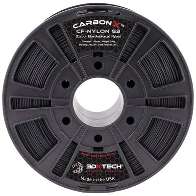 Szpula z włóknem czarnym 'CarbonX CF-Nylon' firmy 3DXTECH. Materiał: nylon wzmacniany włóknem węglowym. Waga: 500g. Pochodzenie: USA.