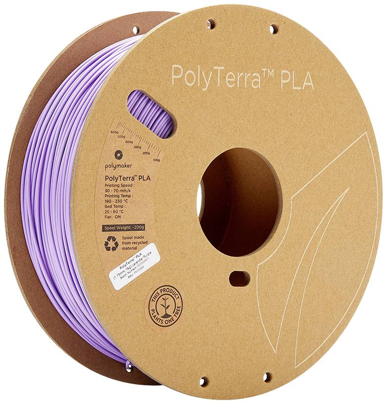 Polymaker 70852 PolyTerra PLA Filament для 3D принтерів PLA низький вміст пластику 1,75 мм 1000 г бузковий (матовий) 1 шт.