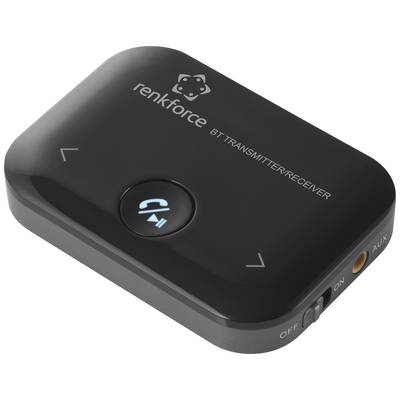 Nadajnik/Odbiornik Bluetooth Renkforce w kolorze czarnym z przełącznikiem włączania/wyłączania, złączem AUX i symbolem Bluetooth na górnej powierzchni.
