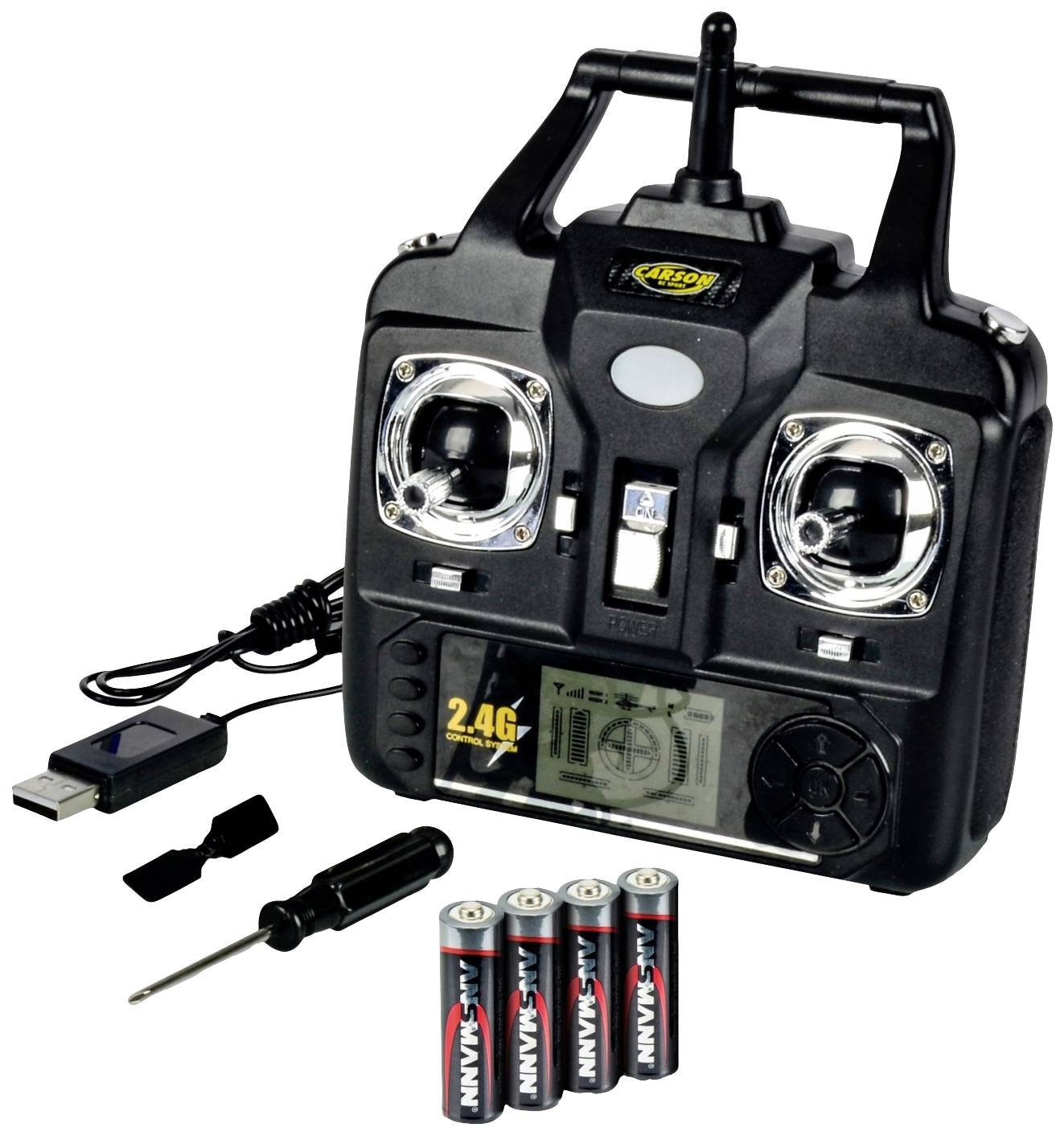 Zdalna radiowa konsola sterująca z dwoma drążkami sterującymi i wyświetlaczem LCD. Akcesoria: kabel USB, śrubokręt oraz cztery baterie AA.