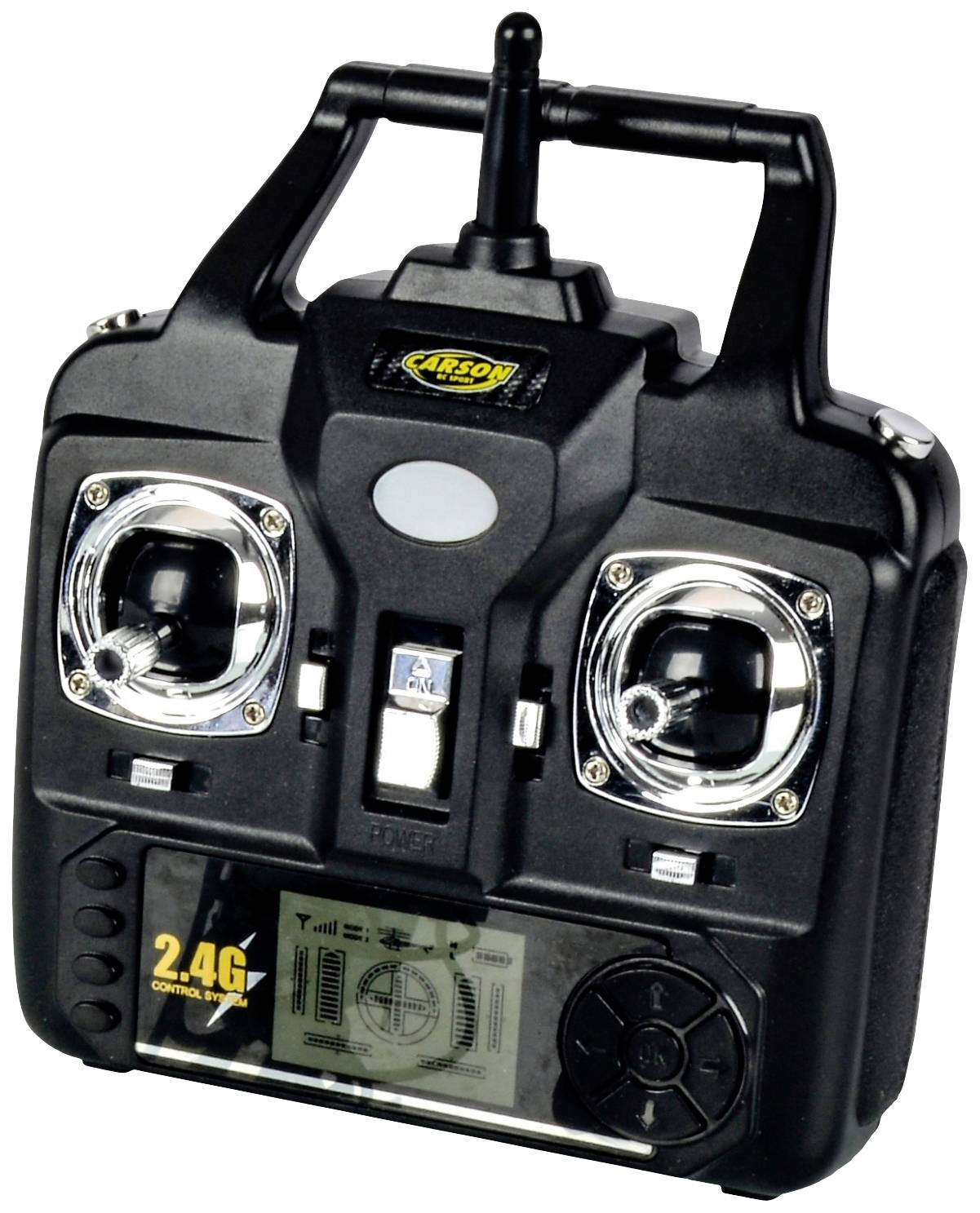 Czarna pilot zdalnego sterowania z dwoma drążkami sterującymi, wyświetlaczem i przyciskami. Jest przeznaczony do sterowania modelami samolotów lub dronami.