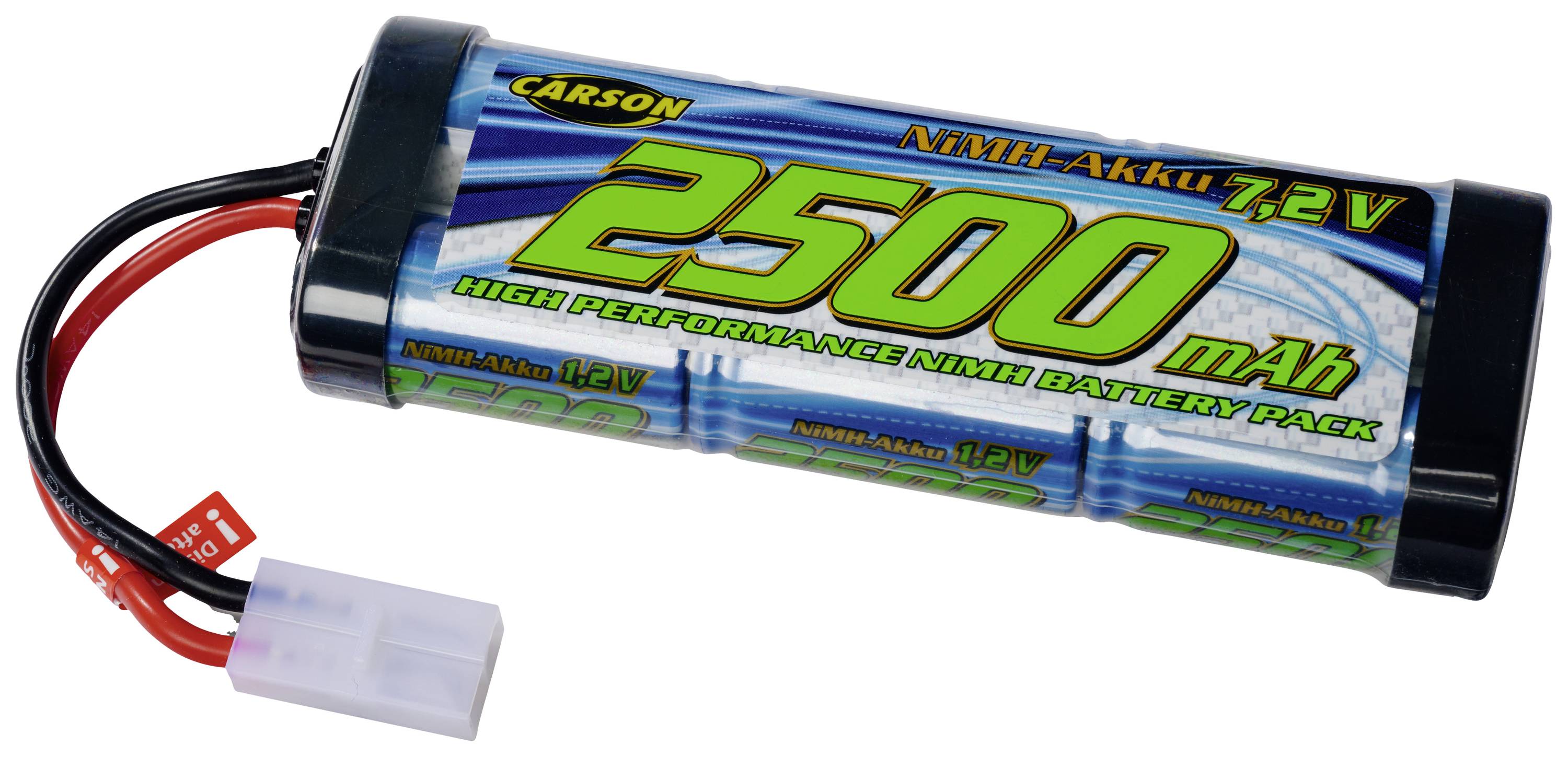 Prostokątny akumulator NiMH o napięciu 7,2 V i pojemności 2500 mAh. Akumulator posiada niebiesko-zielony design i jest wyposażony w czerwono-biały wtyk przyłączeniowy.