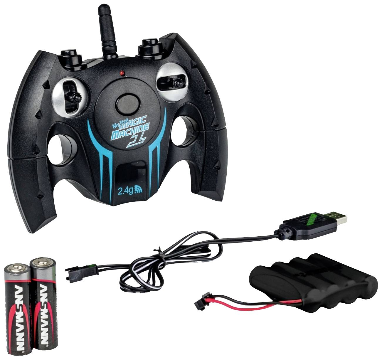 Zdalnie sterowane urządzenie z dwoma bateriami, przewodem ładującym USB i zestawem akumulatorów. Odpowiednie do zabawek, sterowane za pomocą częstotliwości radiowej 2,4 GHz.