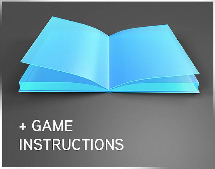 Stylizowana, niebiesko świecąca okładka książki, uzupełniona napisem '+ Instrukcje gry' w lewym dolnym rogu obrazu.