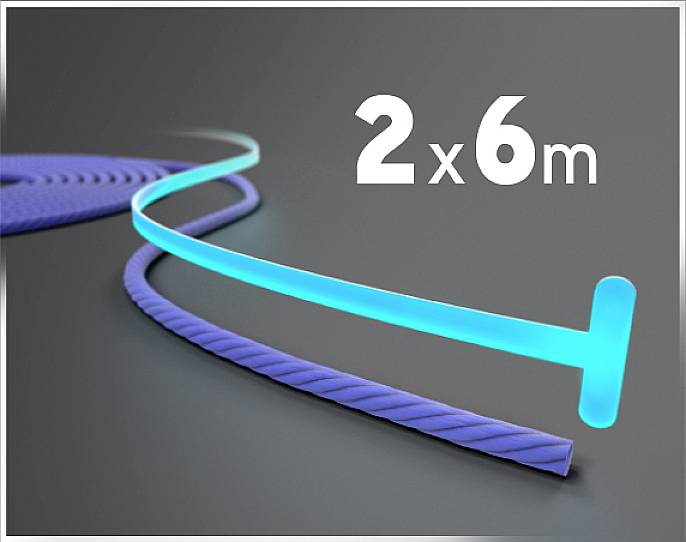 Świecący, zakrzywiony, niebieski kabel obok napisu '2 x 6 m', przedstawiony na szarym tle.