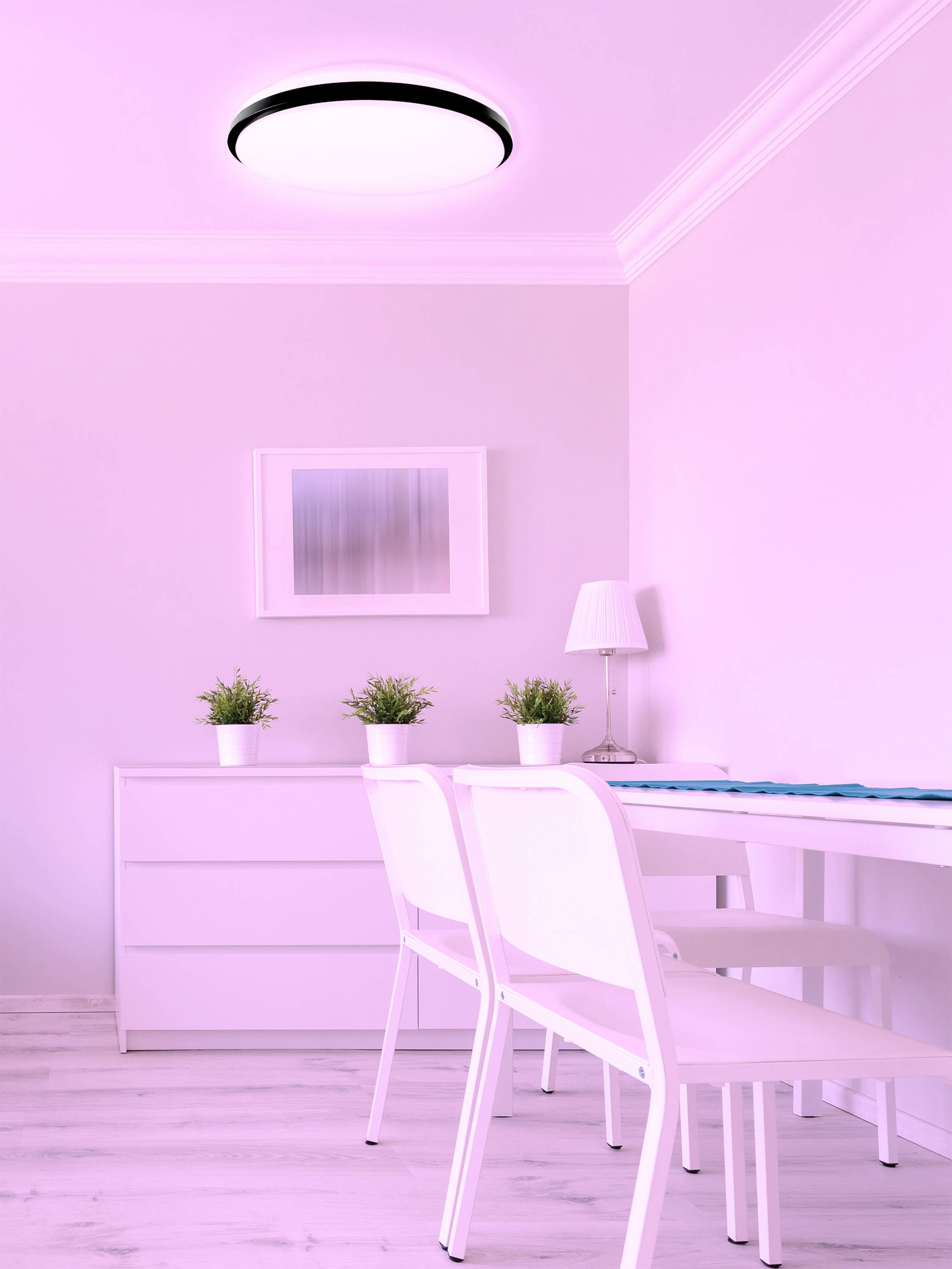Różowo urządzony pokój z białym stołem, dwoma białymi krzesłami i trzema roślinami na komodzie. Lampa wisi na suficie.