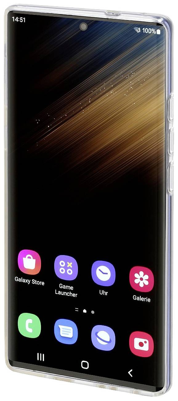 Smartfon z czarnym ekranem wyświetla aplikacje takie jak 'Galaxy Store', 'Game Launcher', 'Zegar' i 'Galeria'.