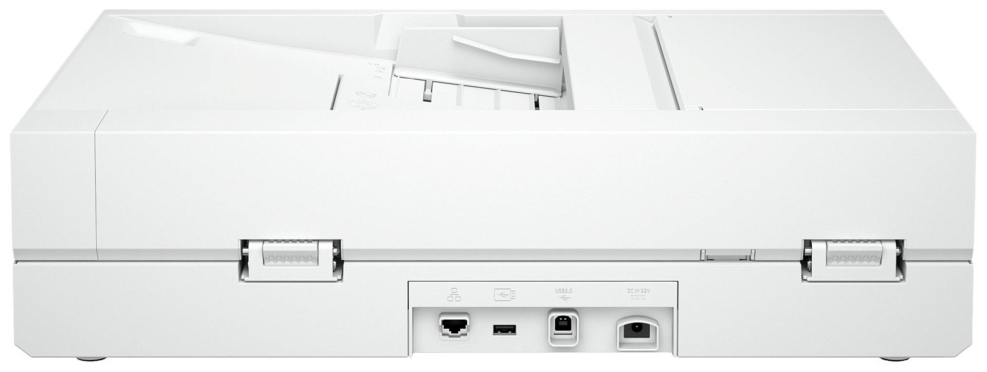 Skaner pokazuje tylną stronę z wieloma opcjami podłączenia, w tym portami USB i Ethernet, co czyni go odpowiednim do zastosowań biurowych.