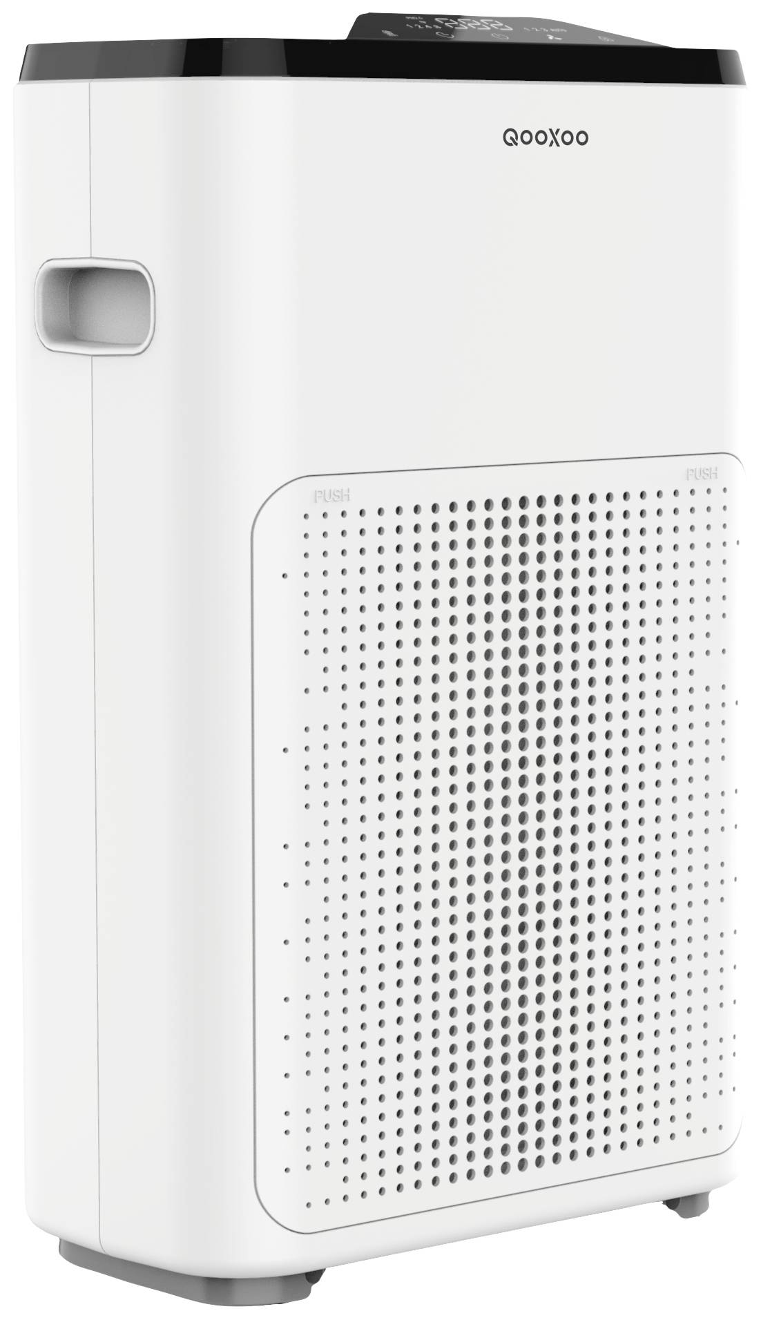 Biały oczyszczacz powietrza z zaokrąglonymi krawędziami, kratką wentylacyjną z przodu i uchwytem do przenoszenia z boku.