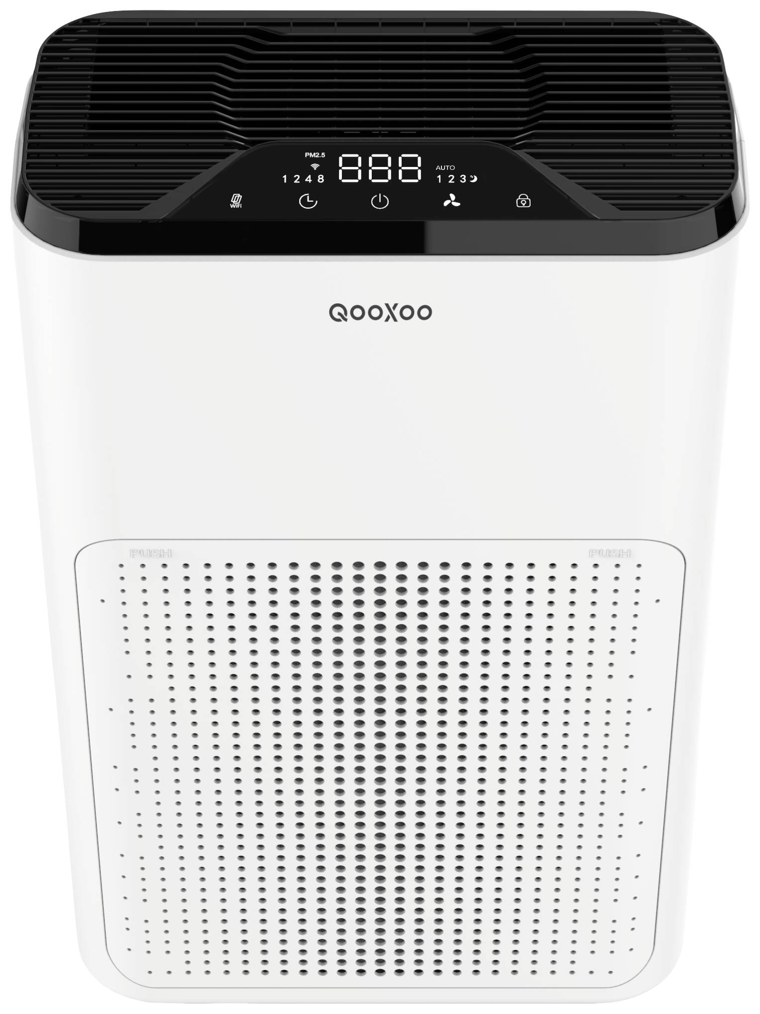 Oczyszczacz powietrza z cyfrowym wyświetlaczem pokazującym '888', przyciski sterujące na górze. Biała przednia część z okrągłymi otworami wentylacyjnymi.