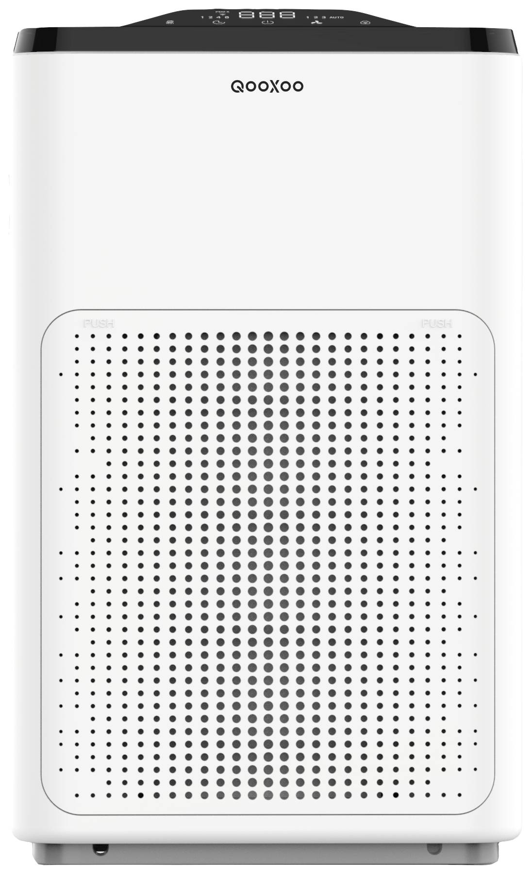 Biały, prostokątny oczyszczacz powietrza z perforowaną kratką na przedniej części i elementem sterującym na górnej powierzchni.
