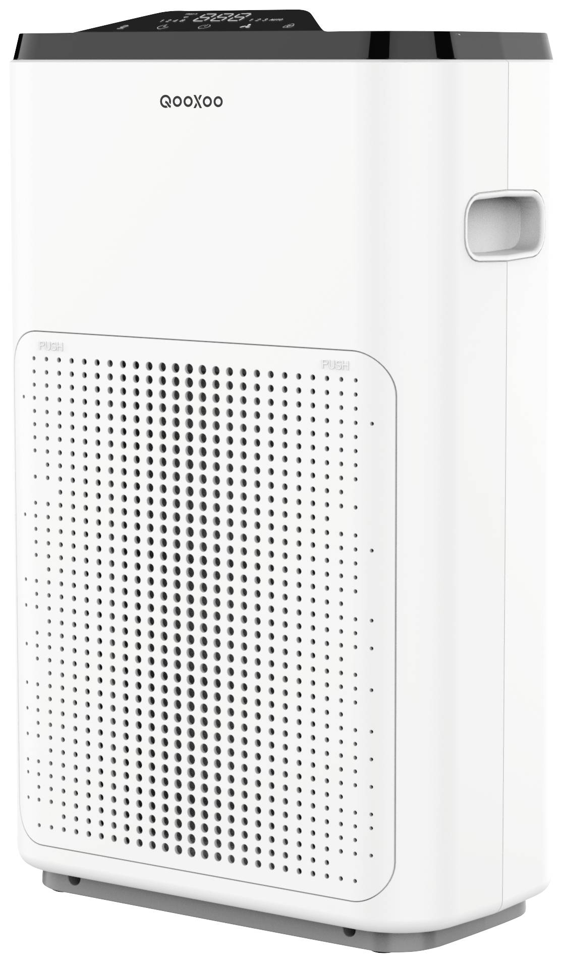 Oczyszczacz powietrza w białym kolorze o nowoczesnym designie. Na górnej powierzchni znajdują się elementy sterujące i wyświetlacz.