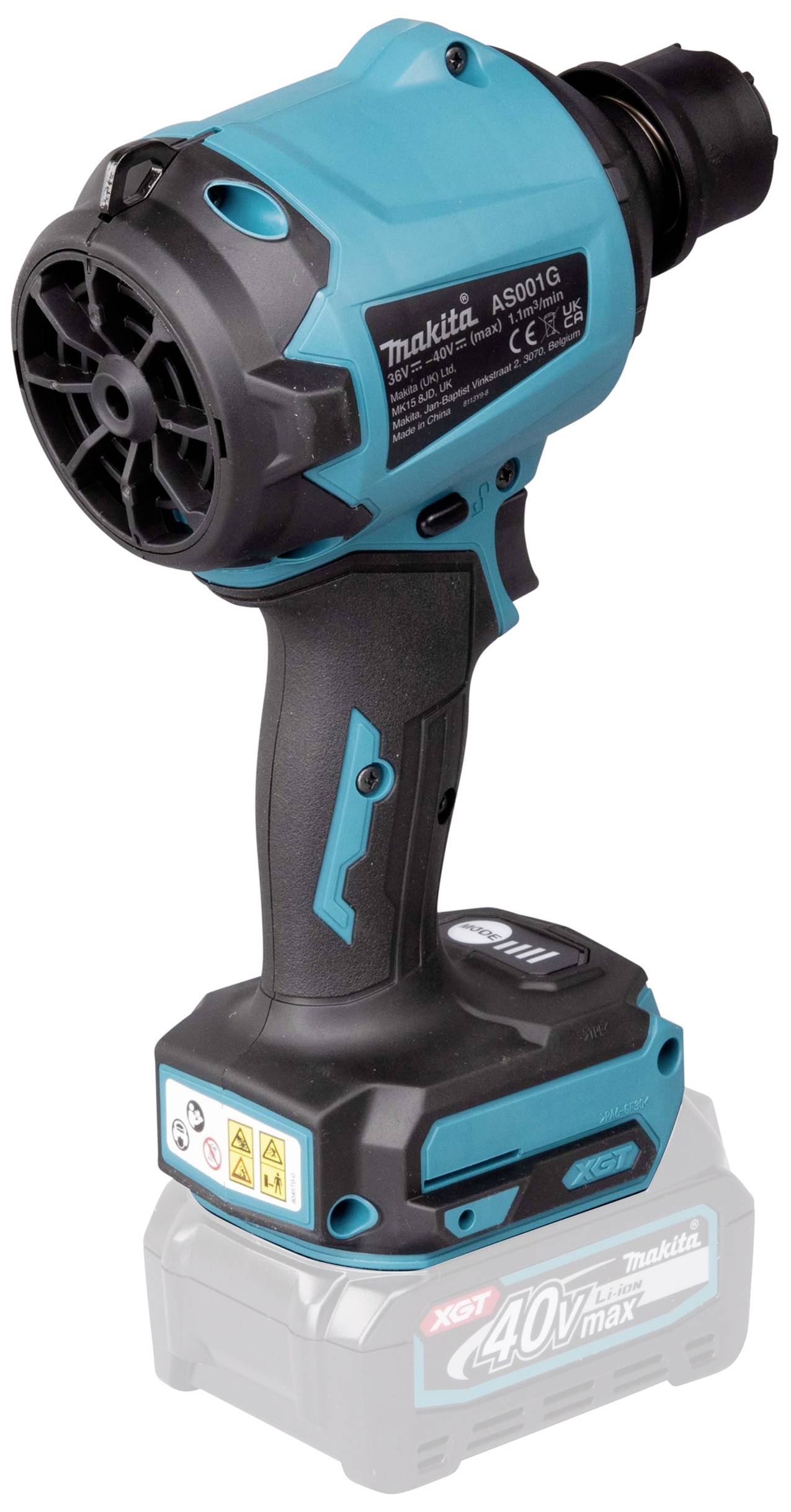 Przenośny, niebieski akumulatorowy gwoździark pneumatyczny z ergonomicznym uchwytem, logo marki i oznakowaniem bezpieczeństwa, ustawiony na stole warsztatowym.