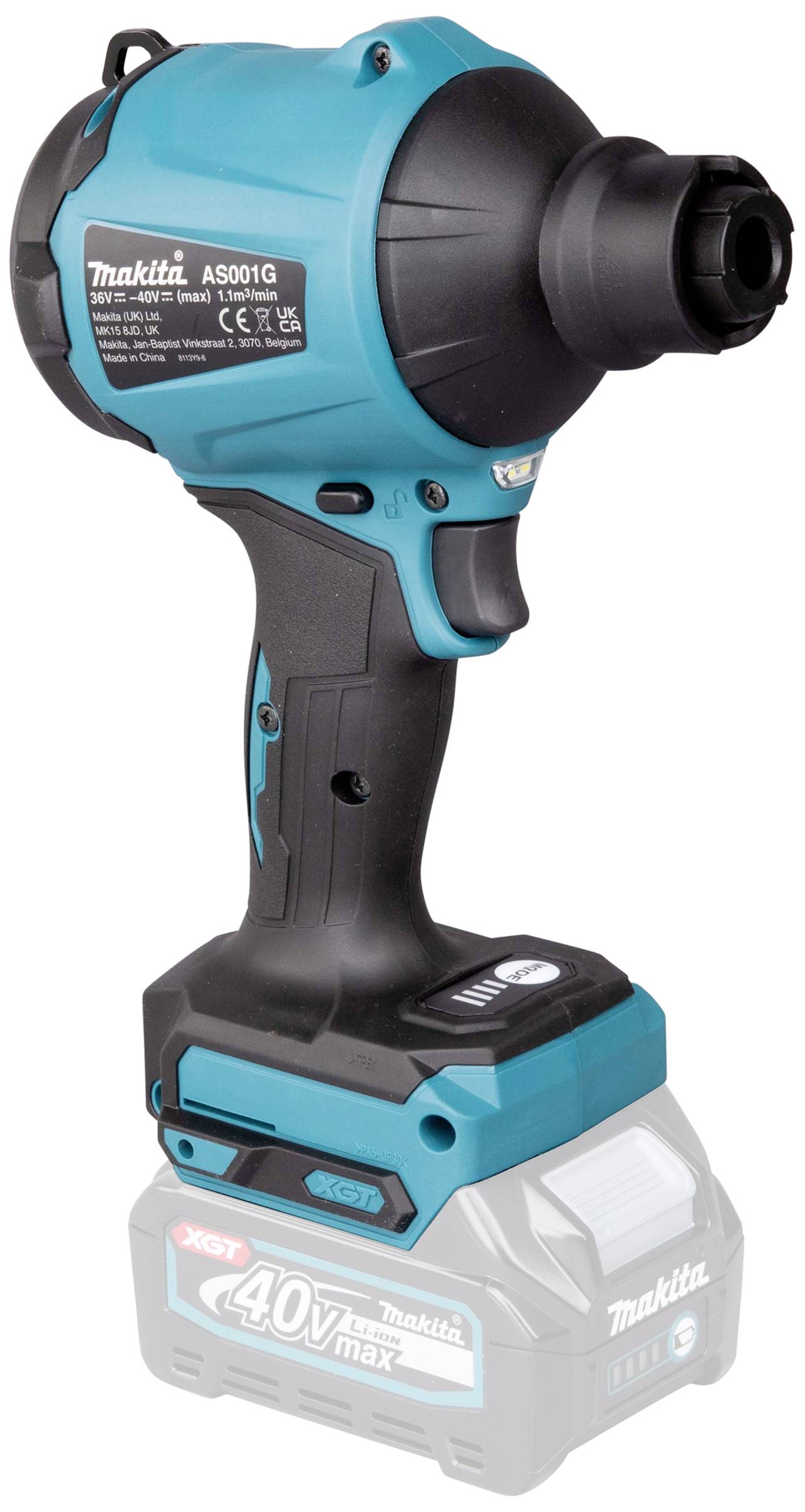 Wkrętarka akumulatorowa Makita, model A5001G, 40V max, w czarno-niebieskim designie, stojąca na jednostce bateryjnej.