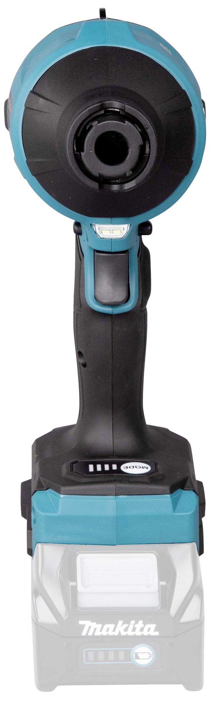 Niebieski, bezprzewodowy klucz udarowy marki Makita z komorą na akumulator, sfotografowany z przodu. Idealny do prac budowlanych i majsterkowania.