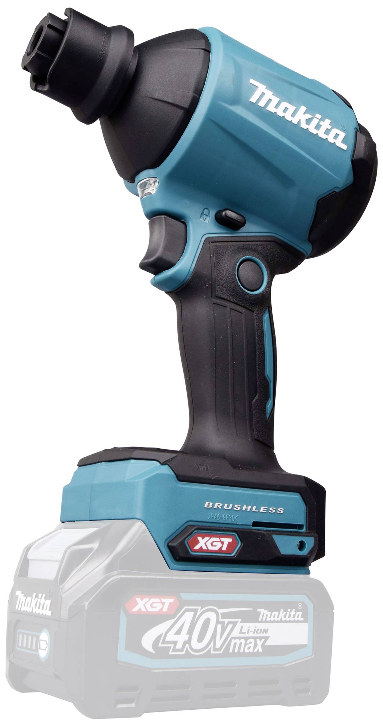 Wkrętarka akumulatorowa w kolorze turkusowym i czarnym, marka Makita, 40V Max XGT, z silnikiem bezszczotkowym.