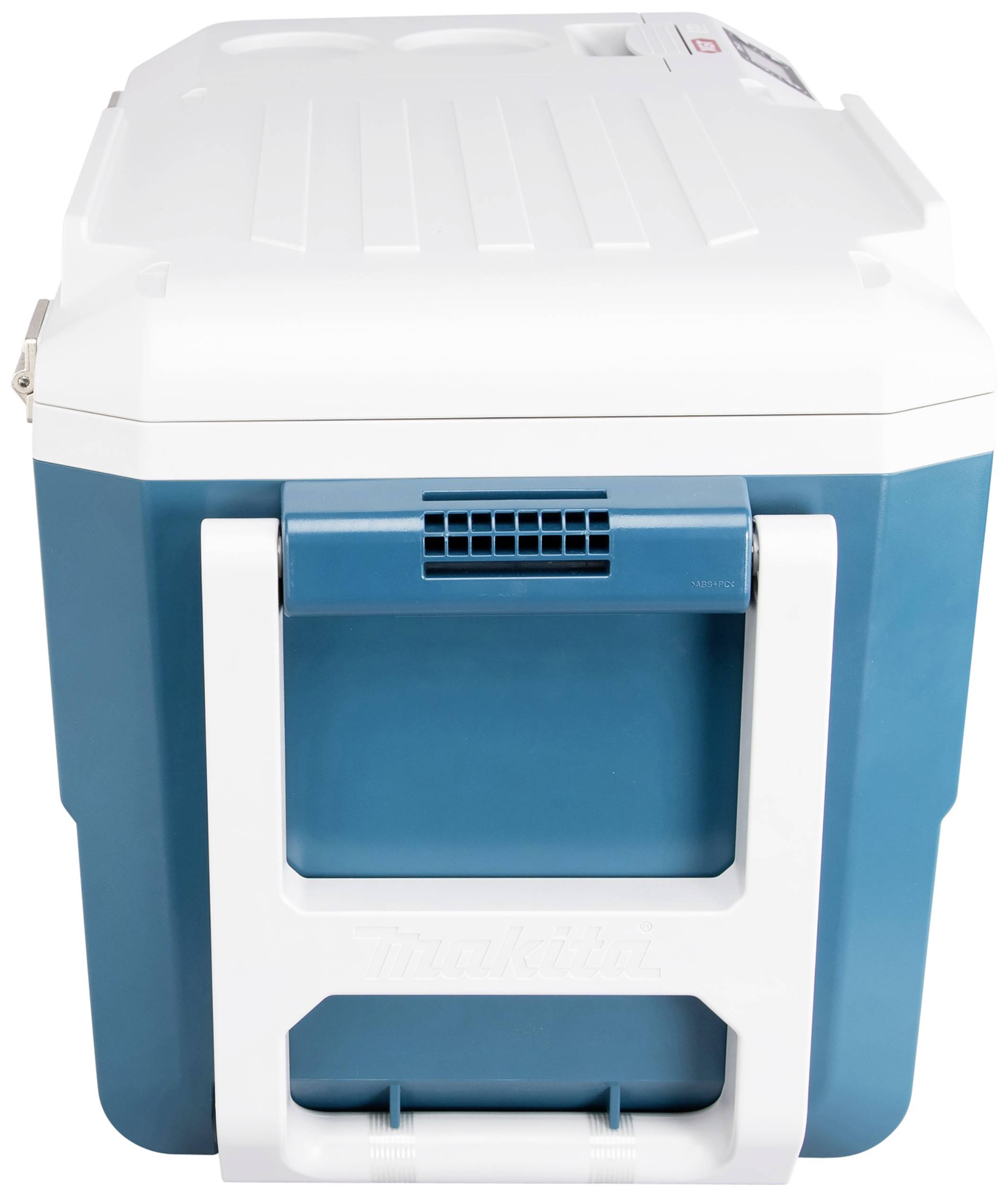 Chłodziarka w kolorach niebieskim i białym z uchwytem, idealna do schładzania napojów podczas wycieczek lub campingu.