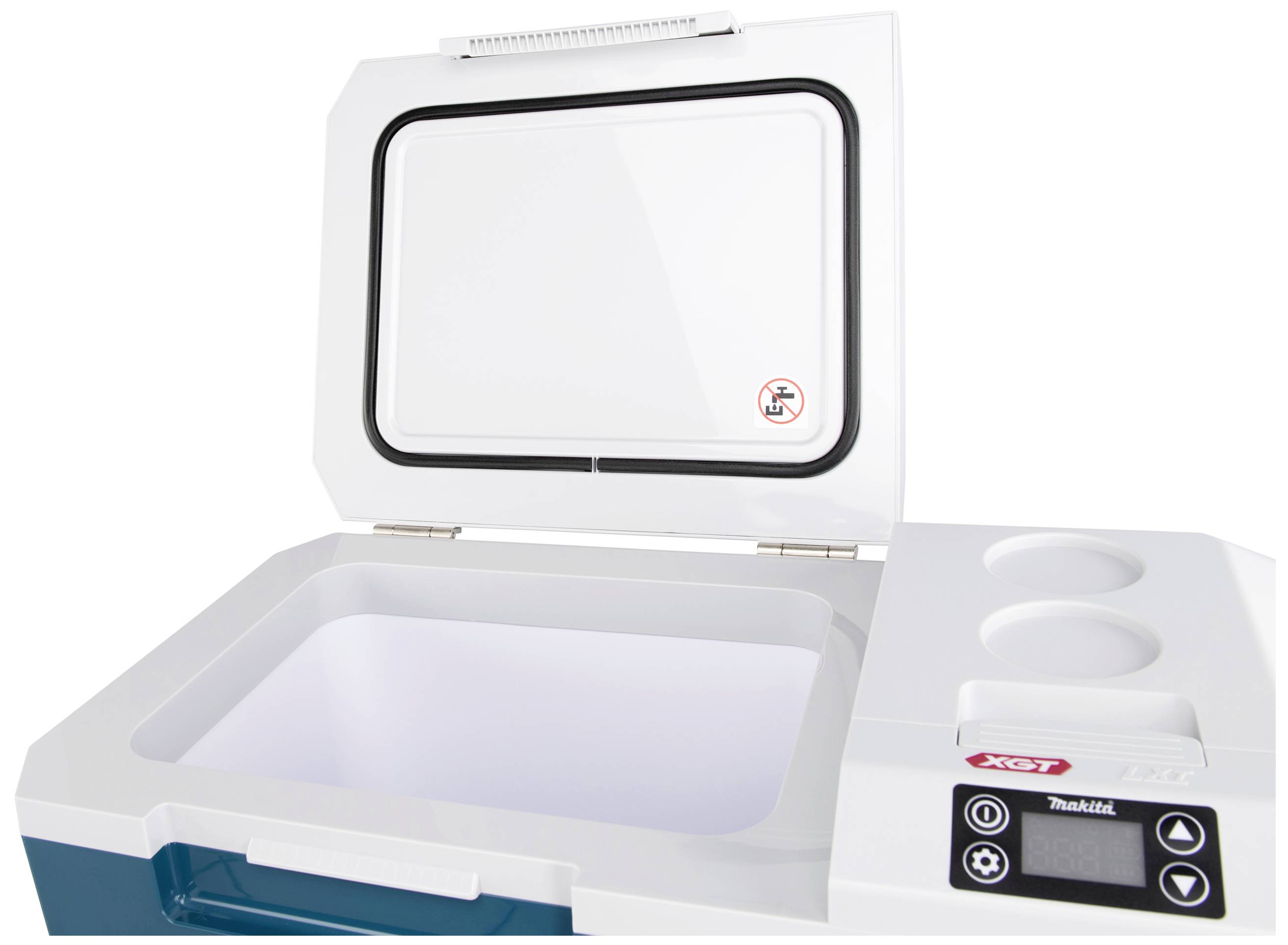 Biała, przenośna lodówka turystyczna z otwartą pokrywą, cyfrowym panelem sterowania oraz uchwytami na butelki.