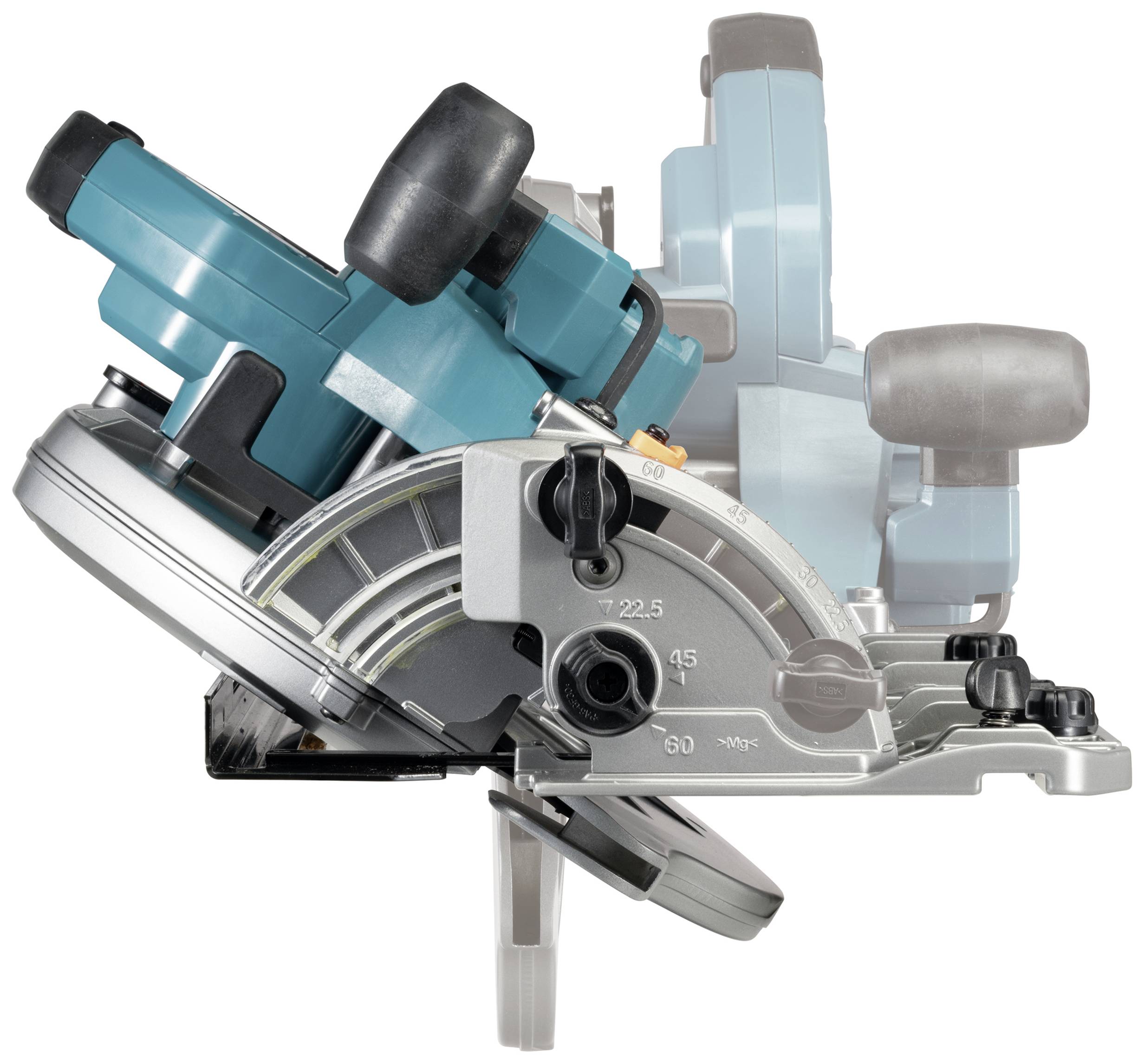 Obraz przedstawia piłę tarczową z regulowanym kątem. Mechanizm zmiany kąta jest widoczny, oznaczony stopniami.
