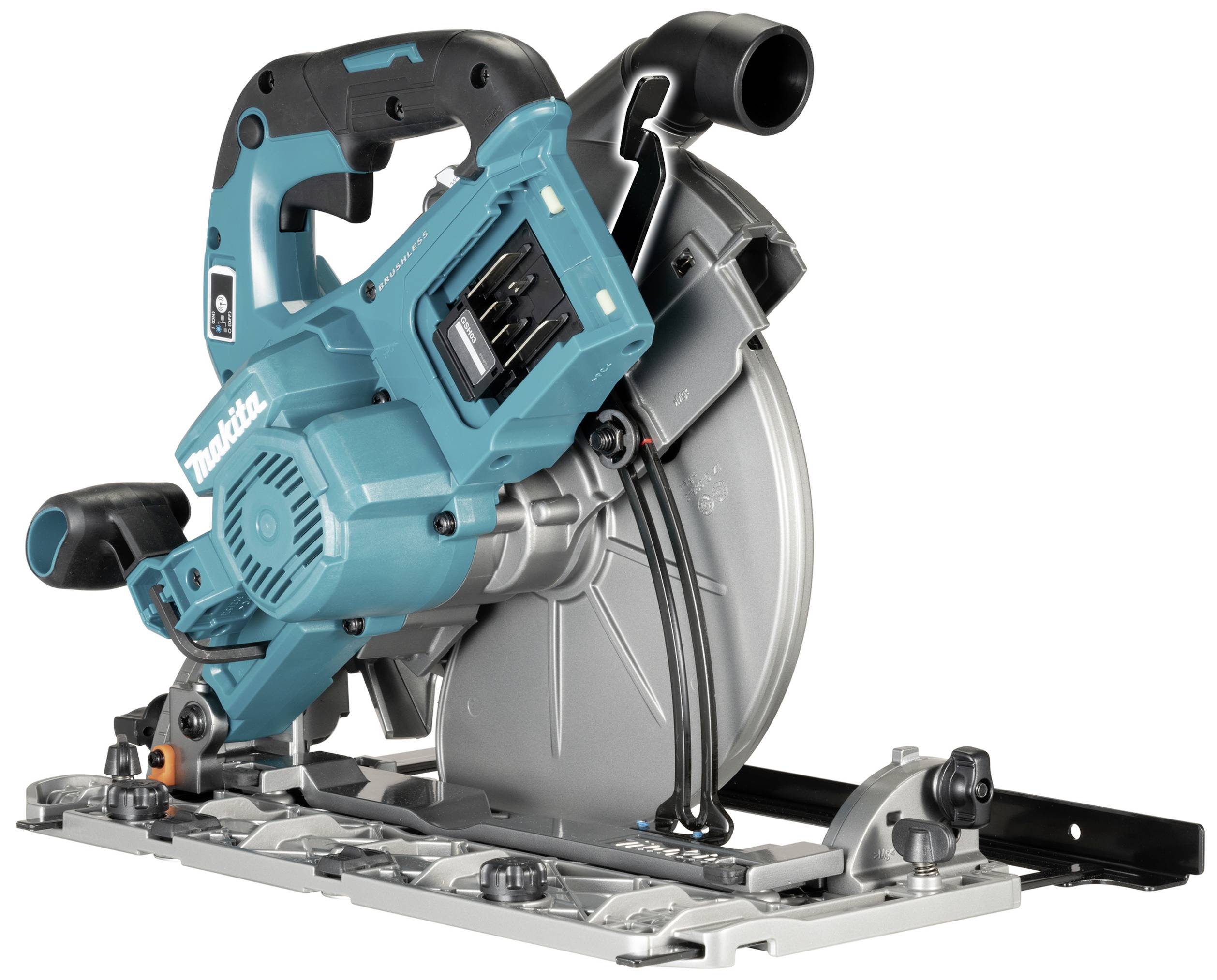 Niebieska ręczna piła tarczowa z czarną rękojeścią stoi na metalowej podstawie. Po stronie ma zamontowaną dużą, srebrną tarczę tnącą.