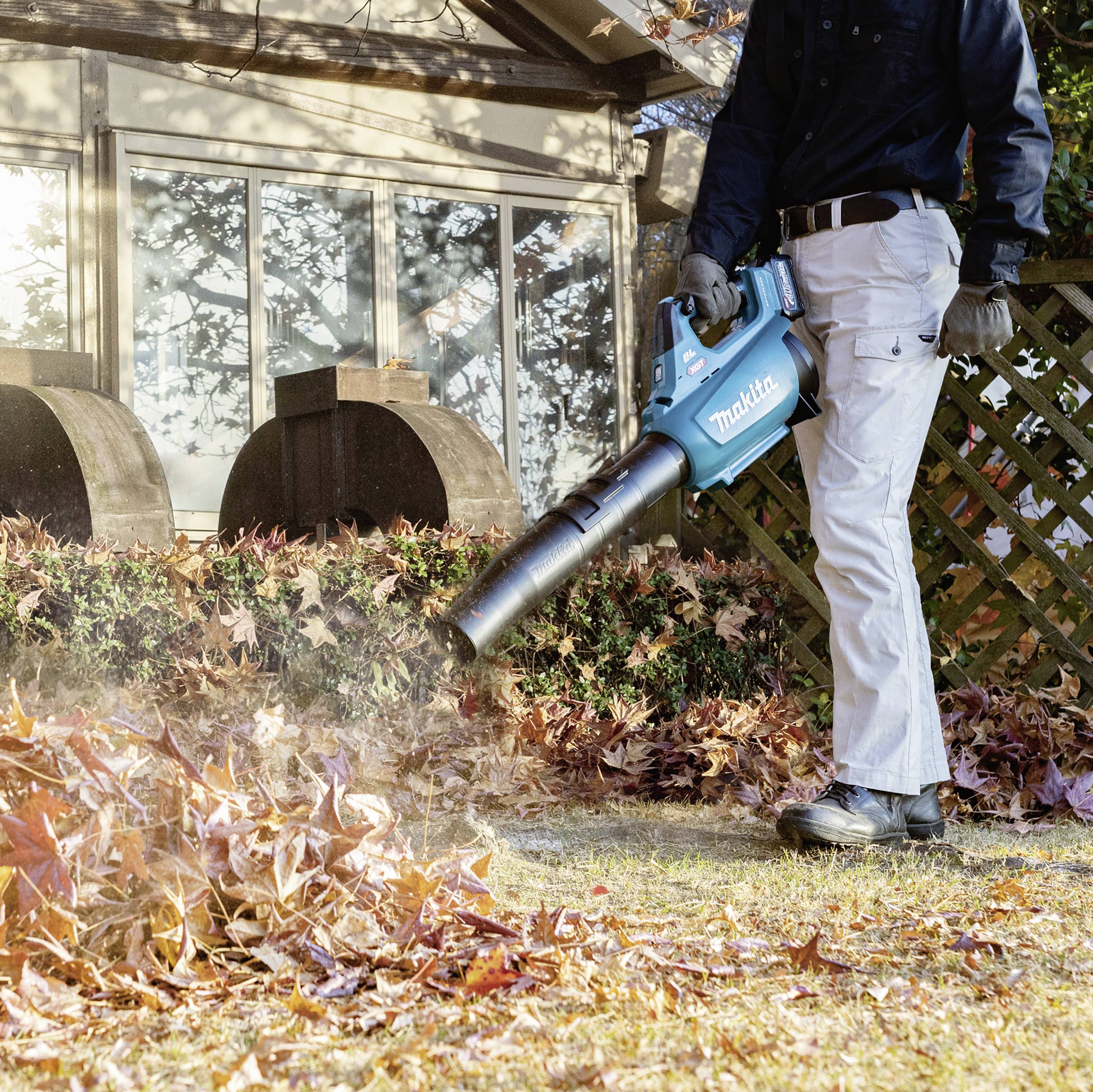 Osoba używa dmuchawy do liści, aby usunąć jesienne liście przed domem. Słońce świeci na szklane okna w tle.