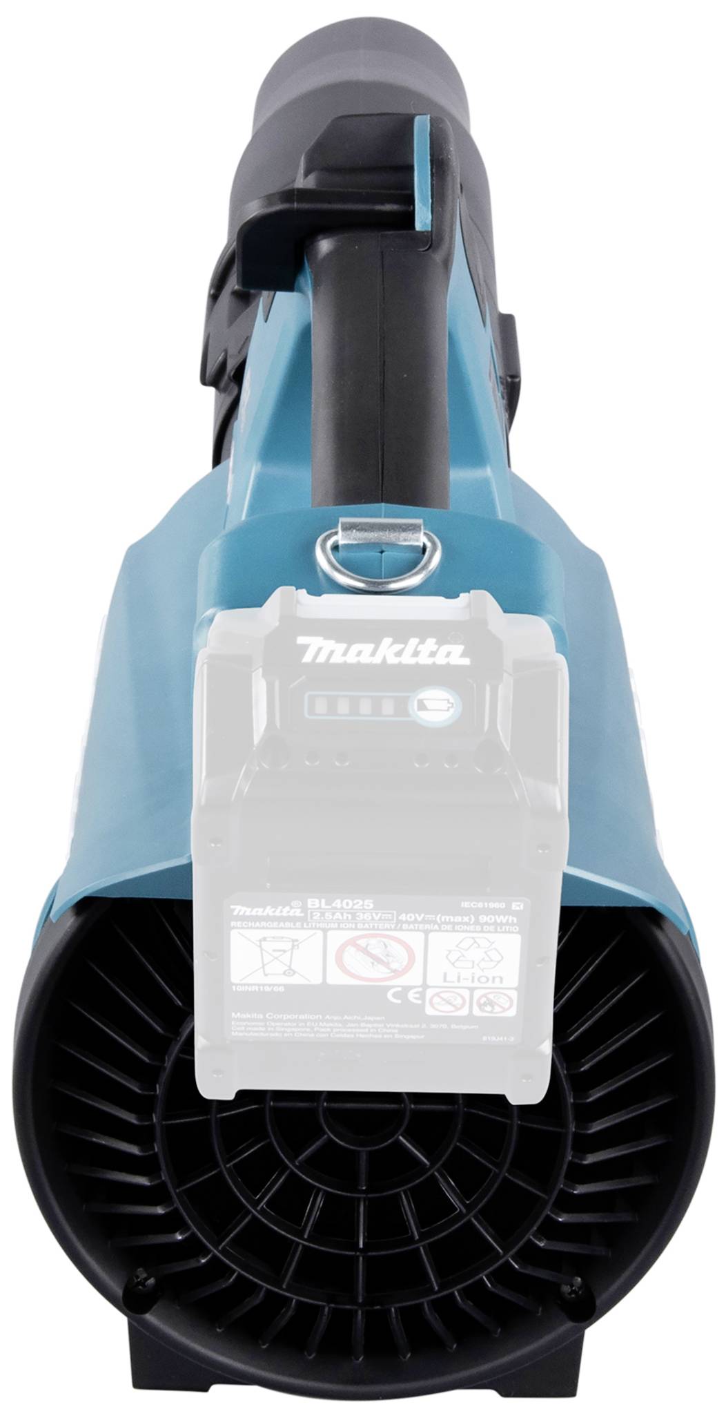 Niebieski, przenośny odkurzacz ogrodowy z czarną rączką i przezroczystą obudową akumulatora, sfotografowany na białym tle.