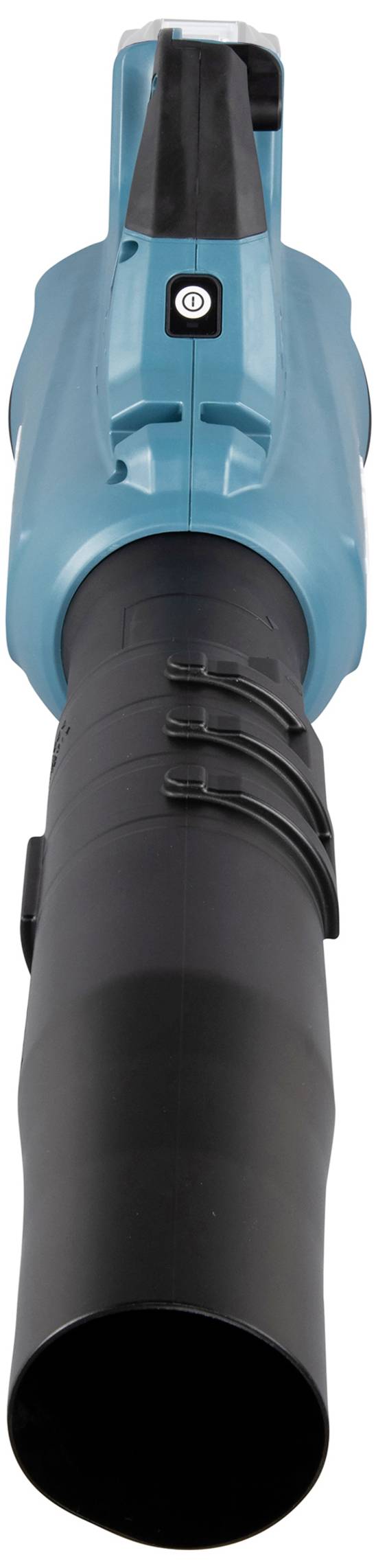 Niebieski, ręczny odkurzacz do liści z czarną dyszą i przyciskiem sterowania. Idealny do usuwania liści i zabrudzeń.