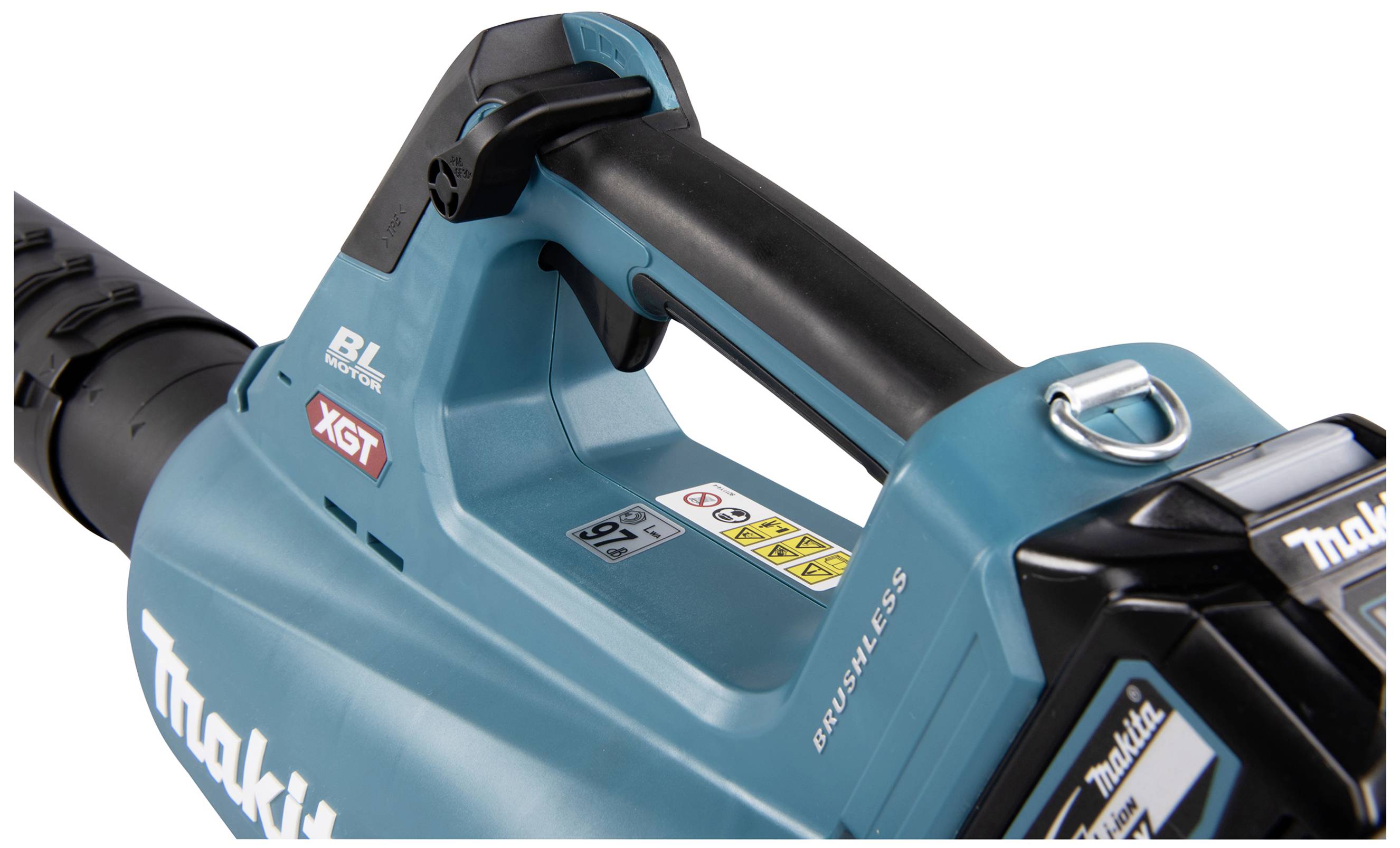 Dmuchawa firmy Makita w niebieskiej obudowie z czarnym uchwytem. Widoczne etykiety produktowe i cechy modelu, takie jak 'silnik BL'.
