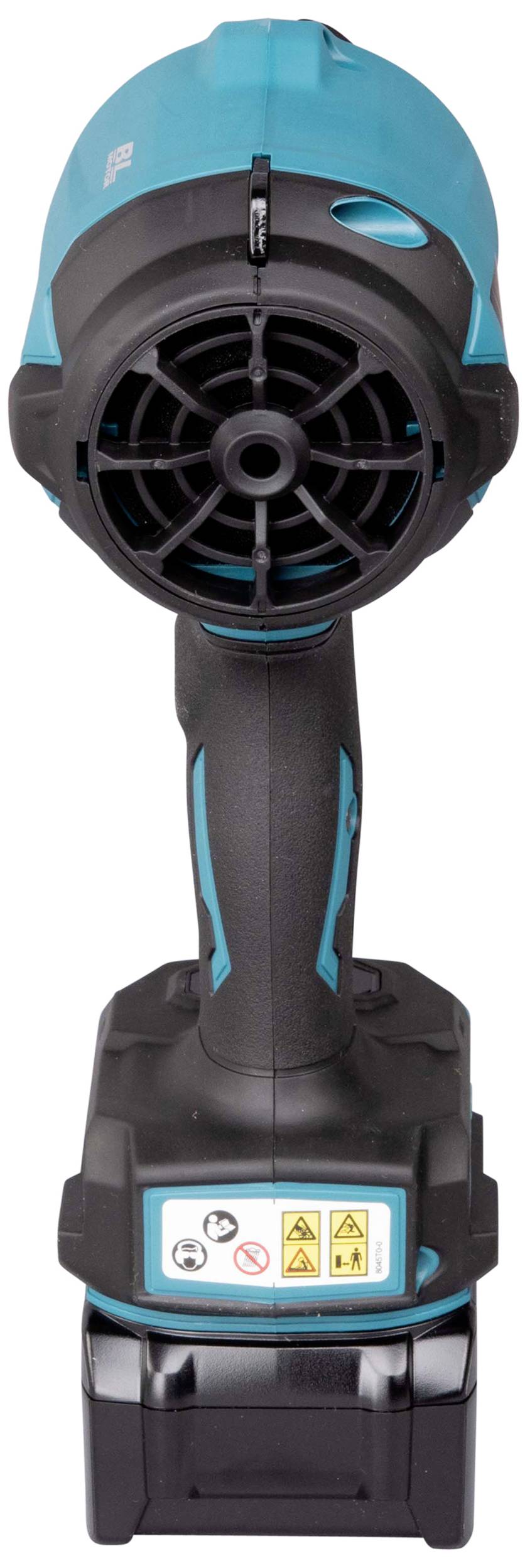 Urządzenie akumulatorowe, widok z przodu, niebieski uchwyt z czarną obudową, widoczny otwór wentylacyjny i ostrzeżenia na podstawie.