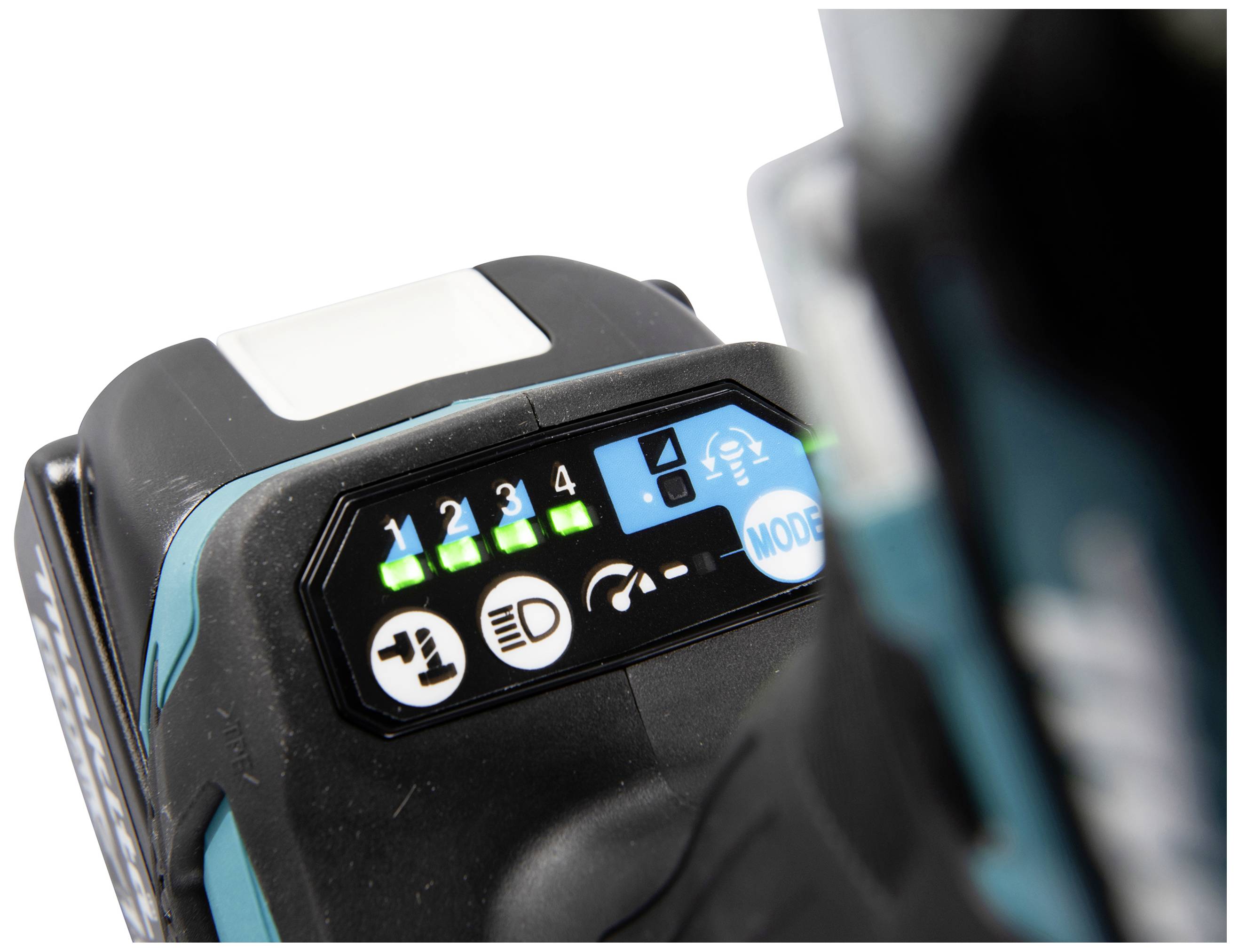 Akumulator elektronarzędzia z pięcioma świecącymi diodami LED, które wskazują stan naładowania od jednego do czterech oraz tryb aktywacji.