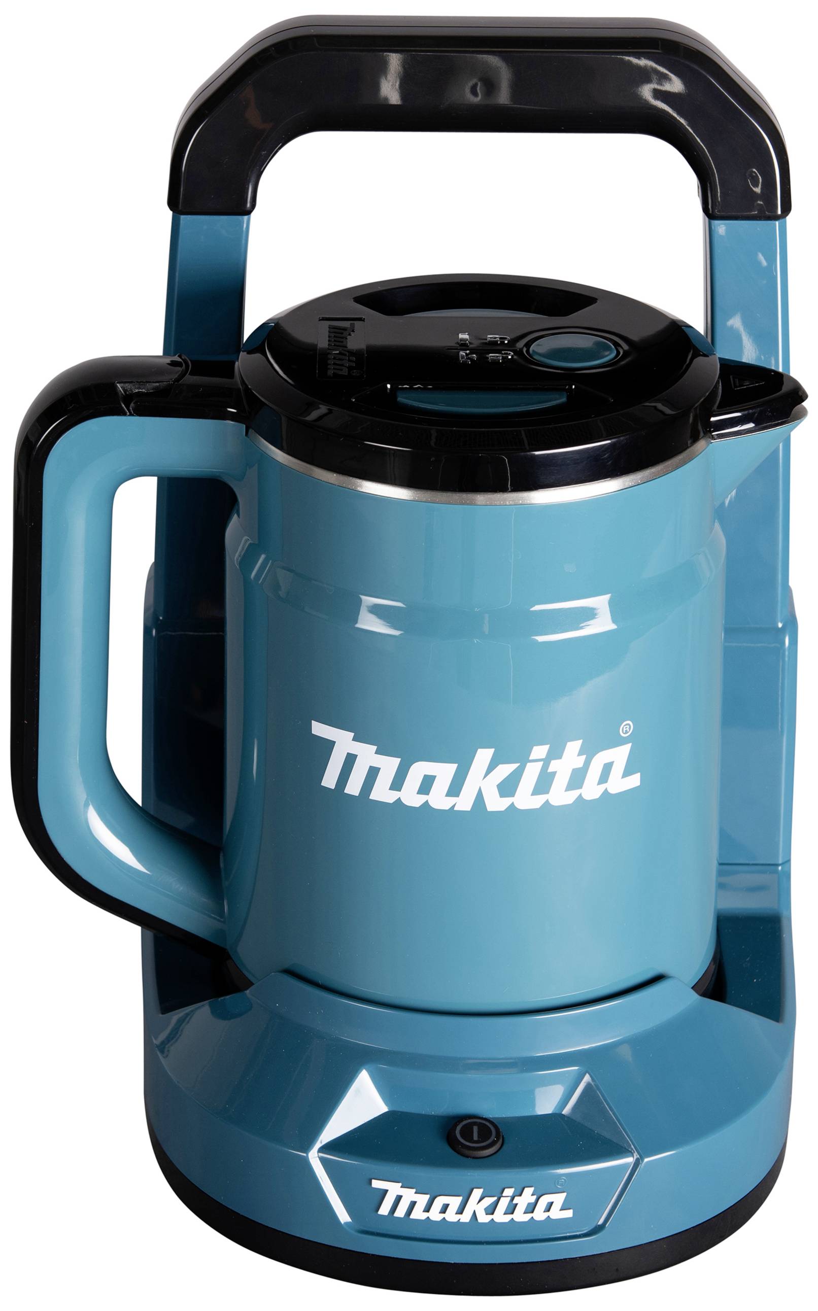 Niebieski czajnik elektryczny z czarną rączką i białym logo 'Makita' na obudowie.