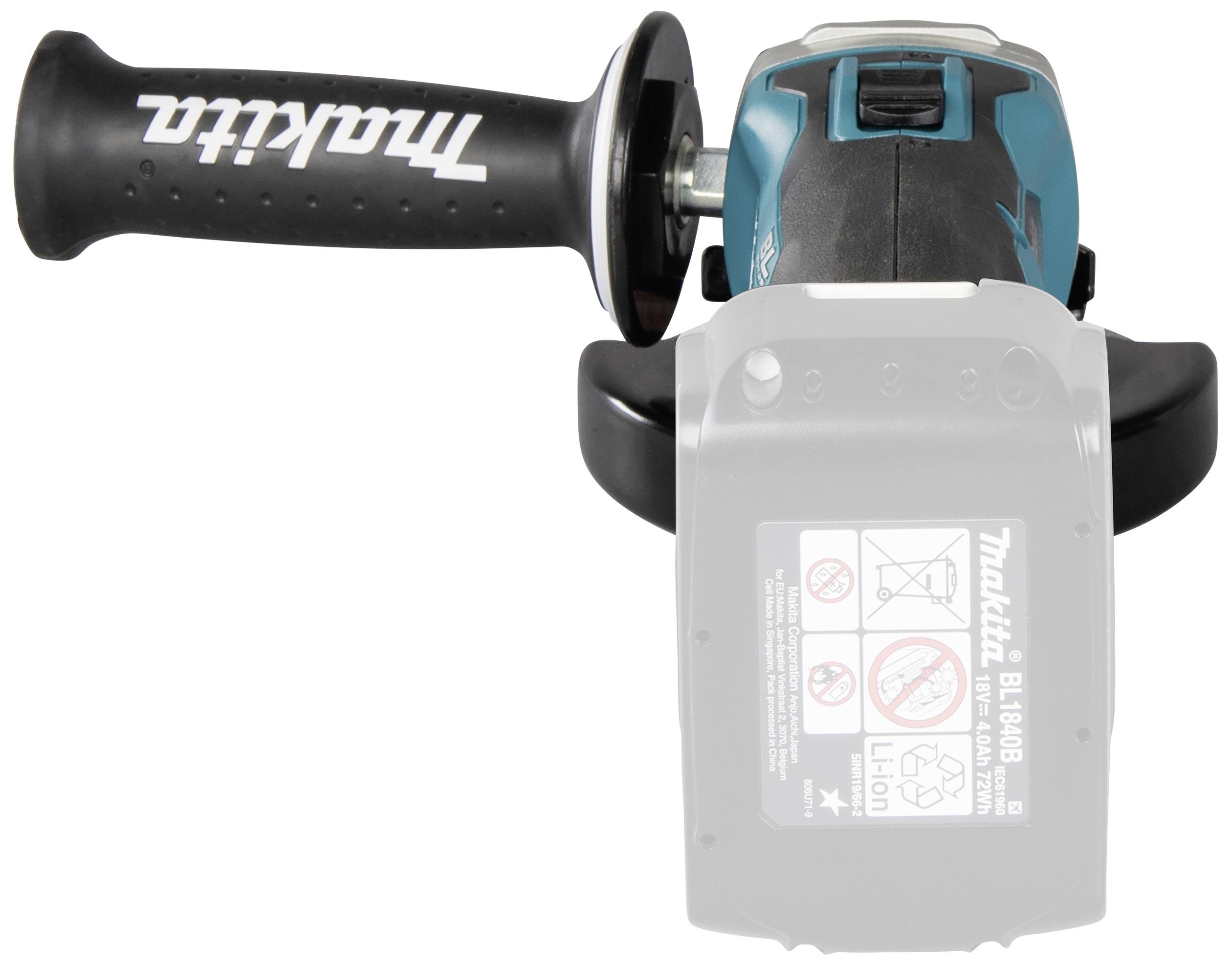 Szlifierka kątowa z uchwytem i akumulatorem; nazwa marki widoczna na uchwycie. Ilustracja przedstawia urządzenie częściowo z góry.