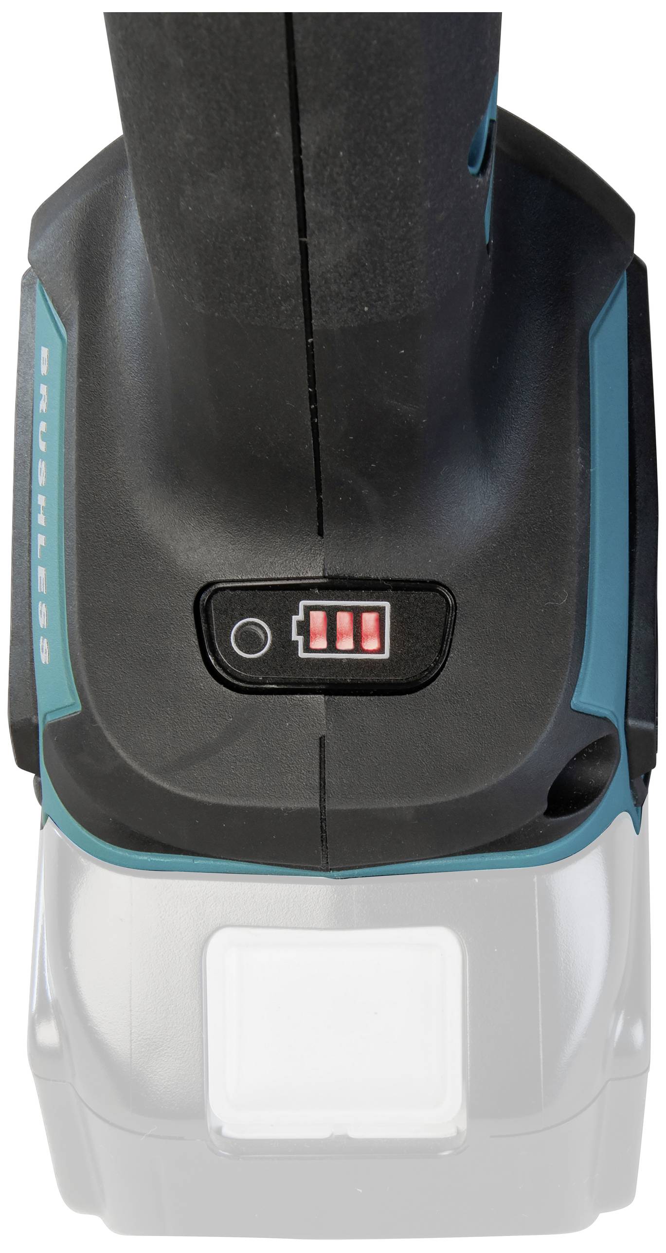 'Zbliżenie akumulatorowego wkrętarki z czarnym uchwytem i trzystopniowym wskaźnikiem stanu baterii LED w kolorze czerwonym na górnej powierzchni.'